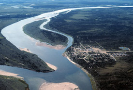 Aerial view of Ambler and the Kobuk River in the summer. Courtesy of the National Park Service.