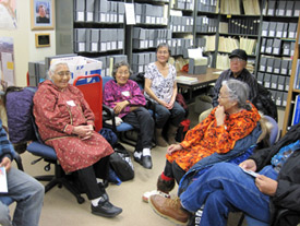 Elders from Shungnak listen to Inupiat language recordings at the Alaska Native Language Archive, November 16, 2011.