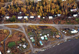 Aerial view of Shungnak along the Kobuk River in the fall. Courtesy of the National Park Service.