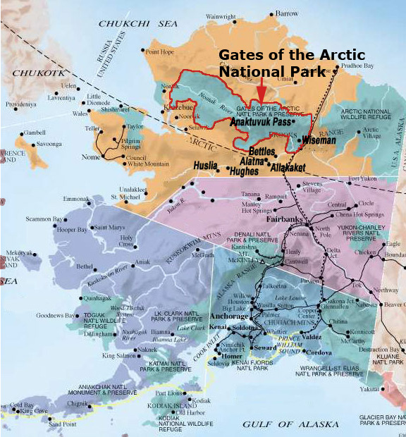 Map of the Gates of the Arctic National Park and Preserve area