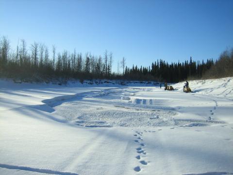 An area of thin ice on a slough of the Tanana River